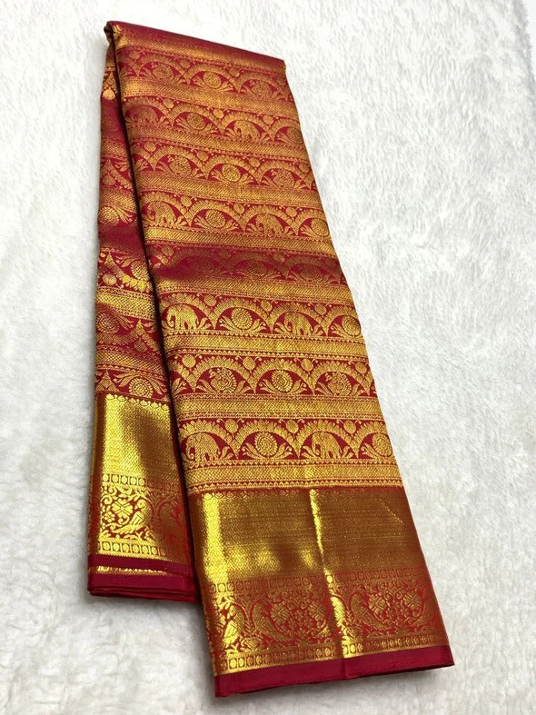 Marvellous Red Pure Zari Weaving Banarasi Silk Saree With Zephyr Blouse Piece