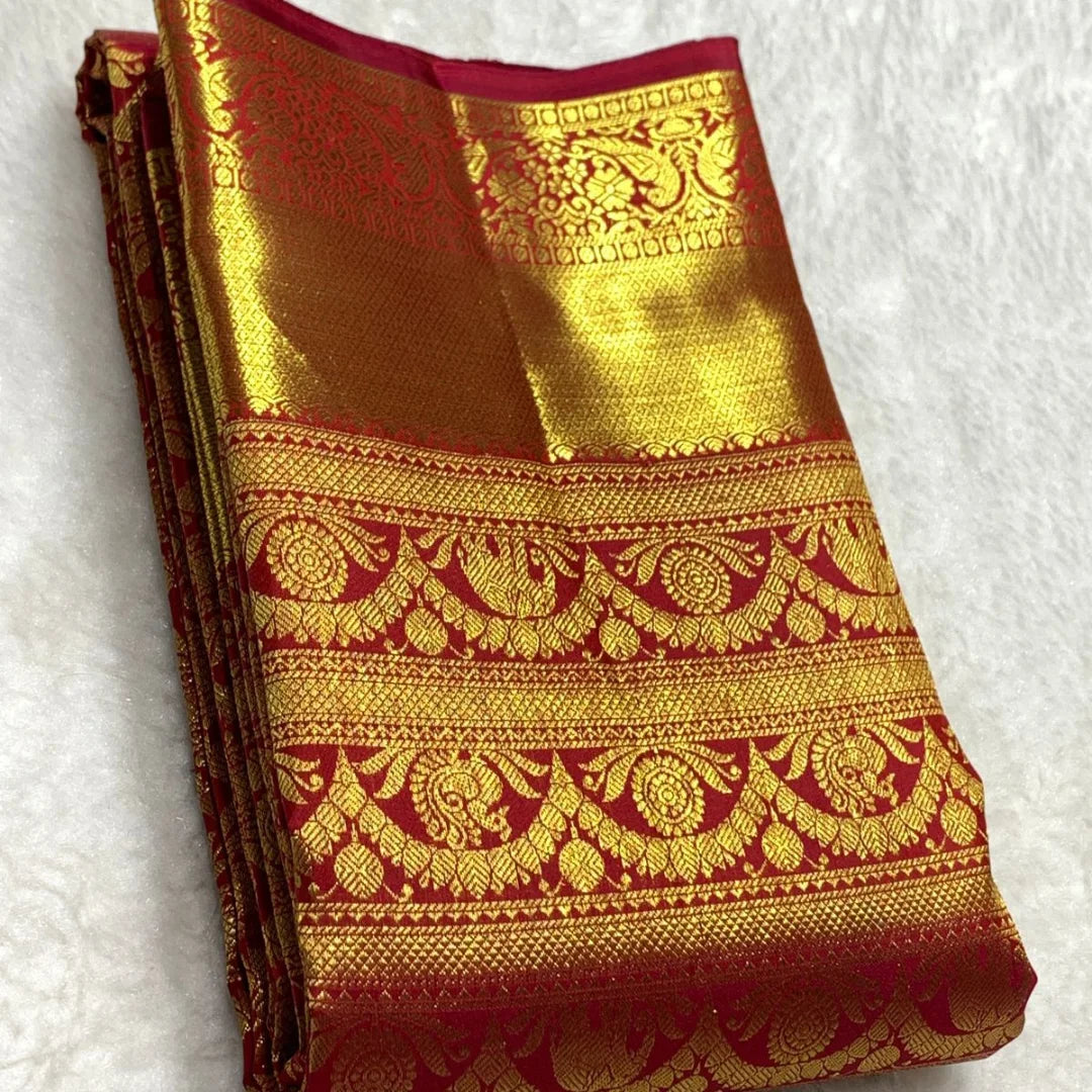 Marvellous Red Pure Zari Weaving Banarasi Silk Saree With Zephyr Blouse Piece