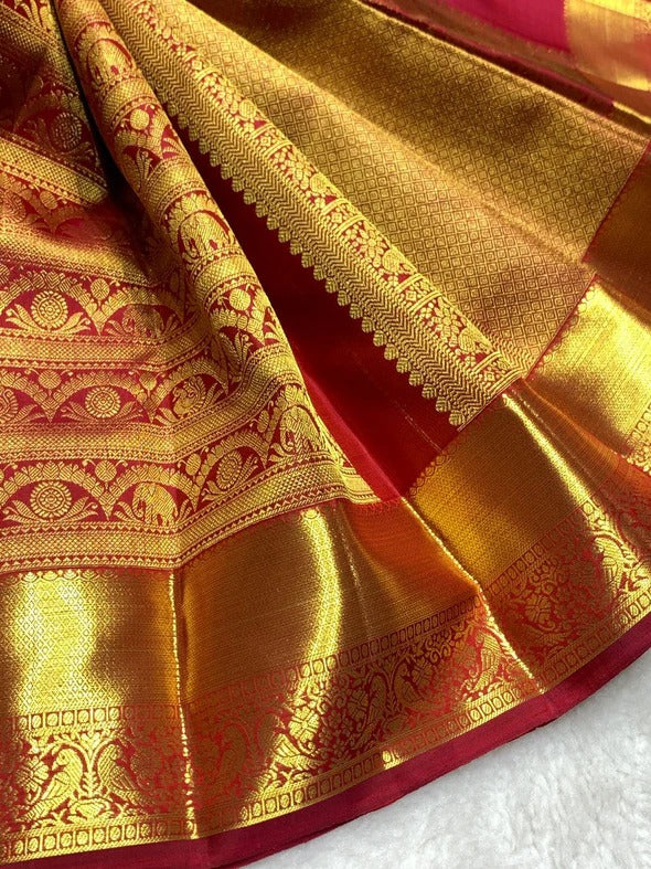 Marvellous Red Pure Zari Weaving Banarasi Silk Saree With Zephyr Blouse Piece