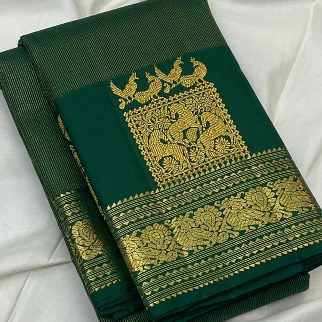 Allure Dark Green Pure Zari Weaving Banarasi Silk Saree With Grandiose Blouse Piece