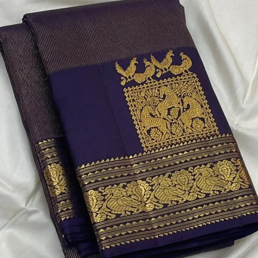 Beauteous Navy Blue Pure Zari Weaving Banarasi Silk Saree With Engaging Blouse Piece