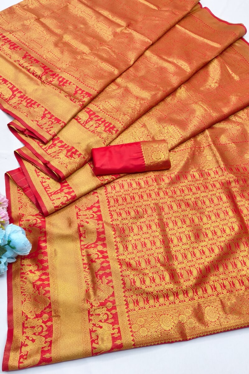 Majesty Red Pure Zari Weaving Banarasi Silk Saree With Assemblage Blouse Piece