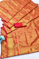 Majesty Red Pure Zari Weaving Banarasi Silk Saree With Assemblage Blouse Piece