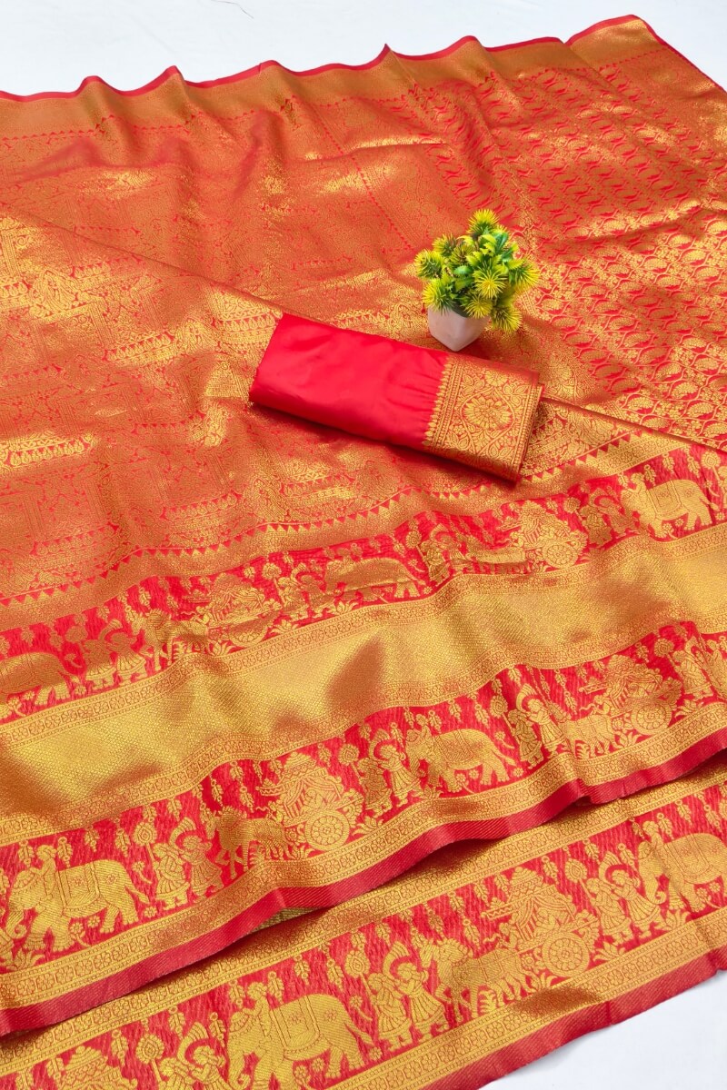 Majesty Red Pure Zari Weaving Banarasi Silk Saree With Assemblage Blouse Piece