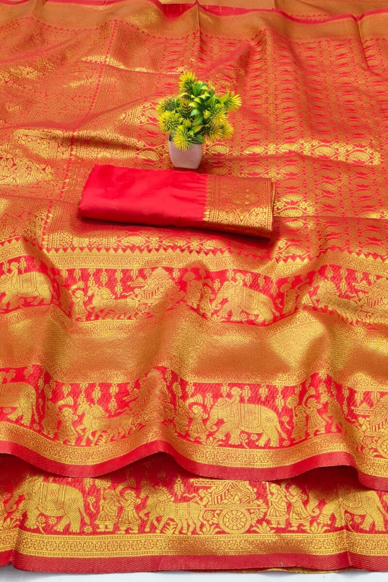 Majesty Red Pure Zari Weaving Banarasi Silk Saree With Assemblage Blouse Piece
