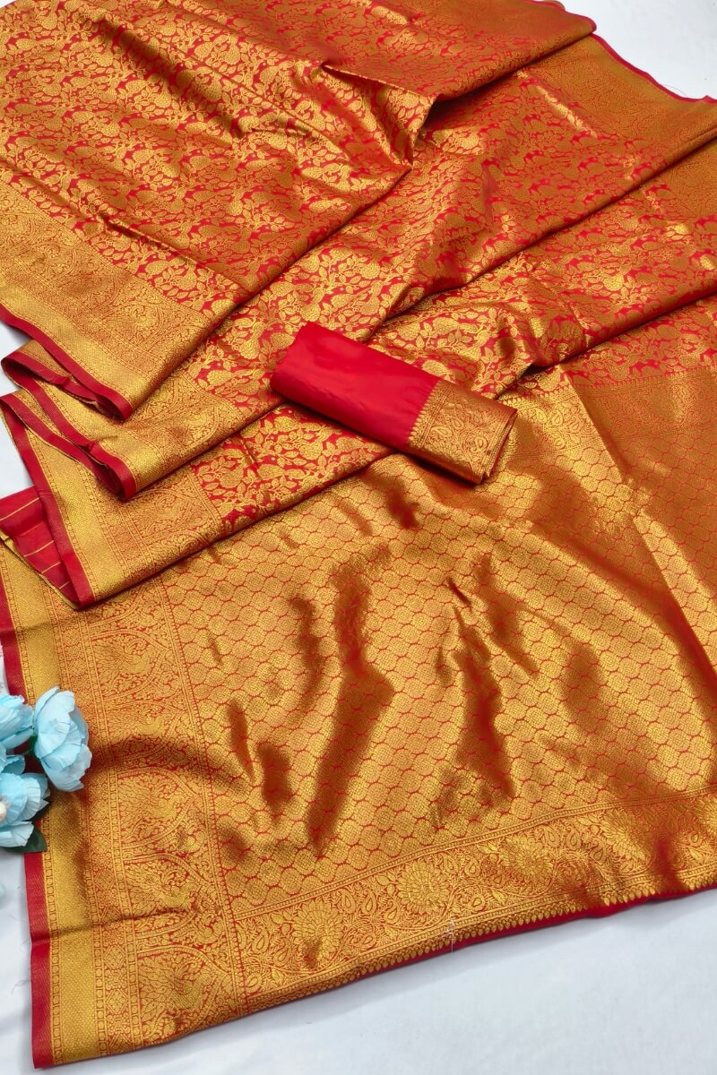Panoply Red Pure Zari Weaving Banarasi Silk Saree With Embrocation Blouse Piece
