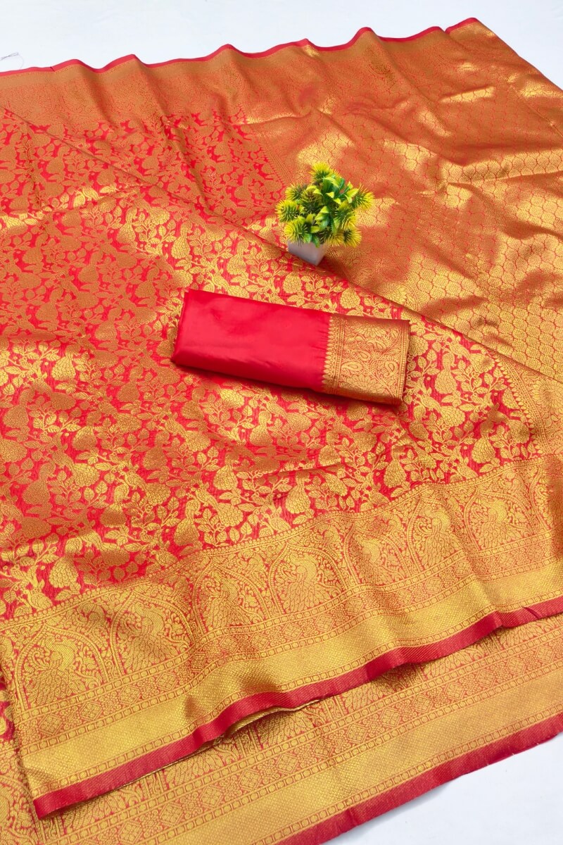Panoply Red Pure Zari Weaving Banarasi Silk Saree With Embrocation Blouse Piece