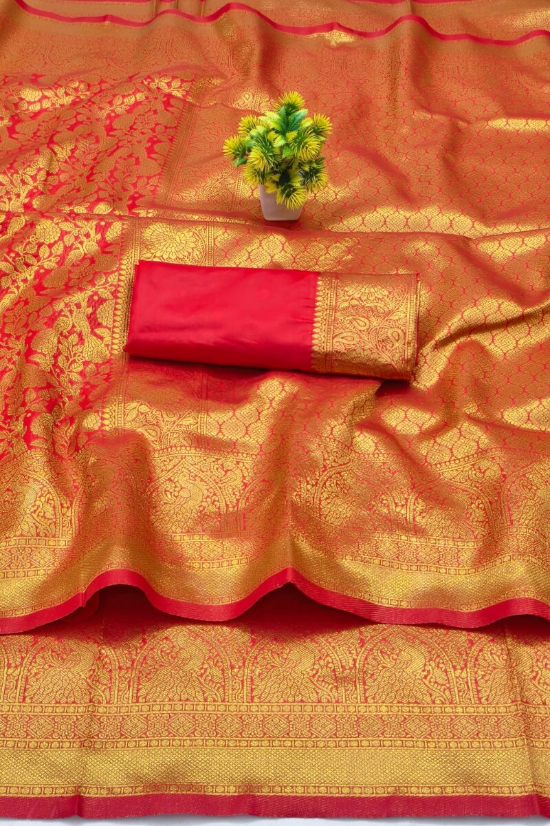 Panoply Red Pure Zari Weaving Banarasi Silk Saree With Embrocation Blouse Piece