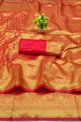 Panoply Red Pure Zari Weaving Banarasi Silk Saree With Embrocation Blouse Piece
