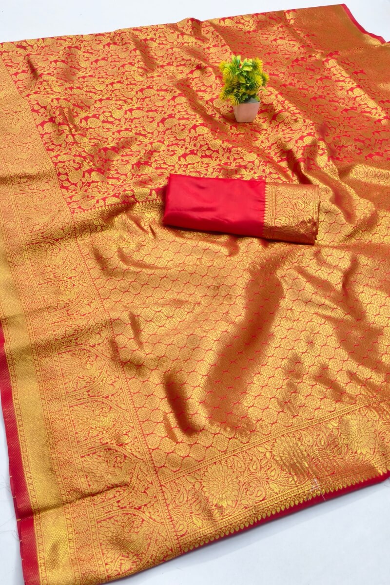 Panoply Red Pure Zari Weaving Banarasi Silk Saree With Embrocation Blouse Piece