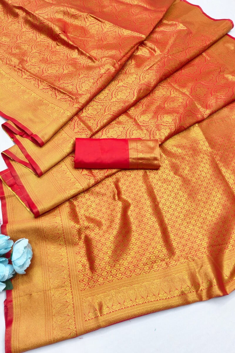 Felicitous Red Pure Zari Weaving Banarasi Silk Saree With Pulsating Blouse Piece