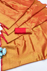 Felicitous Red Pure Zari Weaving Banarasi Silk Saree With Pulsating Blouse Piece