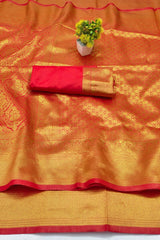 Felicitous Red Pure Zari Weaving Banarasi Silk Saree With Pulsating Blouse Piece