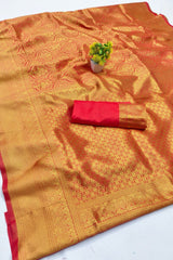 Felicitous Red Pure Zari Weaving Banarasi Silk Saree With Pulsating Blouse Piece