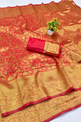 Nectarous Red Pure Zari Weaving Banarasi Silk Saree With Beautiful Blouse Piece