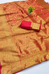 Nectarous Red Pure Zari Weaving Banarasi Silk Saree With Beautiful Blouse Piece