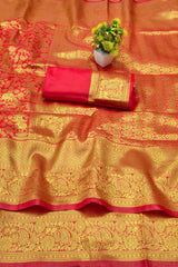 Nectarous Red Pure Zari Weaving Banarasi Silk Saree With Beautiful Blouse Piece