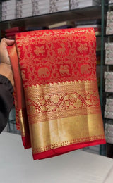 Nebula Red Pure Zari Weaving Banarasi Silk Saree With Splendorous Blouse Piece