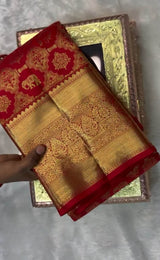Eclat Red Pure Zari Weaving Banarasi Silk Saree With Beautiful Blouse Piece