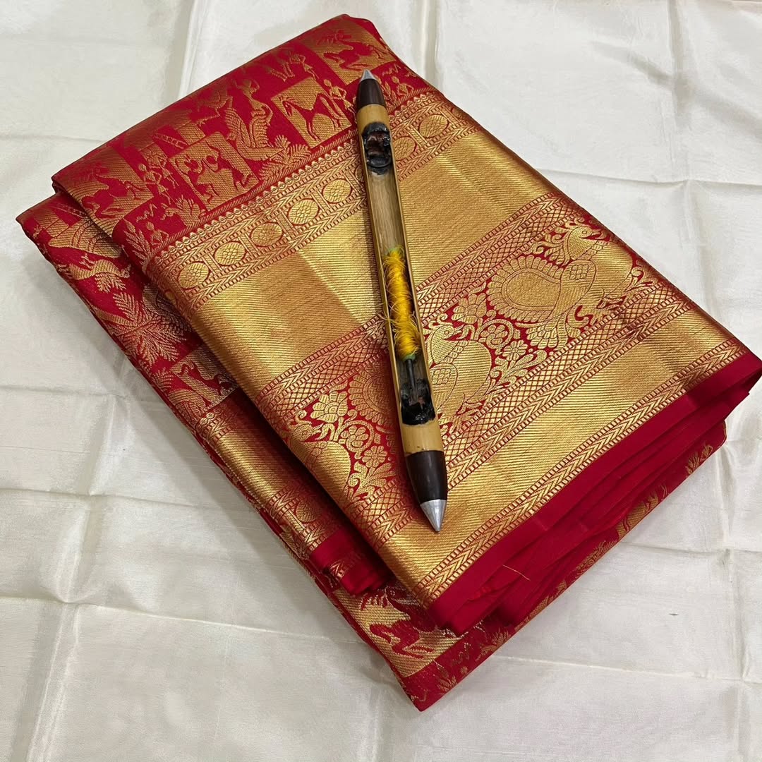 Captivating Red Pure Zari Weaving Banarasi Silk Saree With Bewitching Blouse Piece