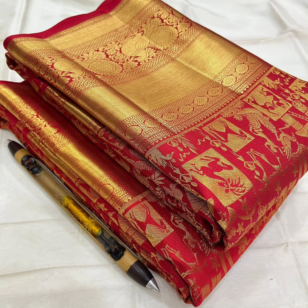 Captivating Red Pure Zari Weaving Banarasi Silk Saree With Bewitching Blouse Piece