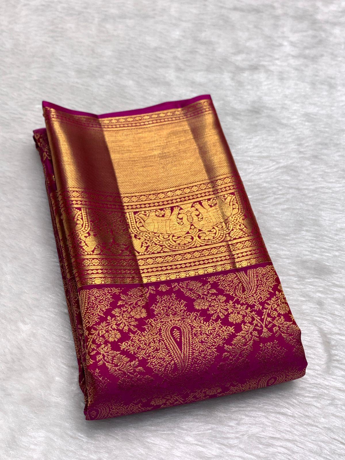 Scrupulous Dark Pink Pure Zari Weaving Banarasi Silk Saree With Imaginative Blouse Piece