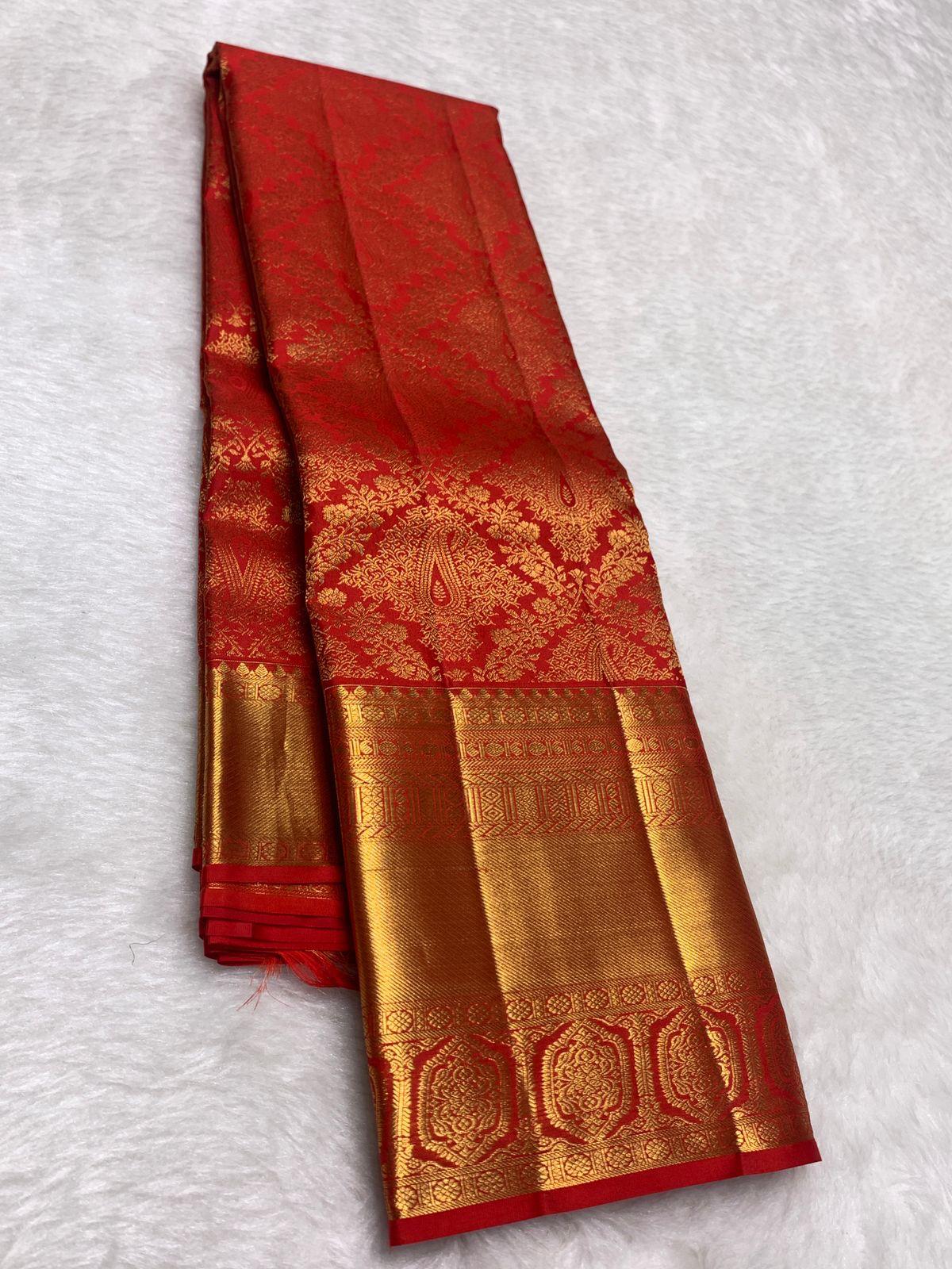 Ornate Red Pure Zari Weaving Banarasi Silk Saree With Arresting Blouse Piece