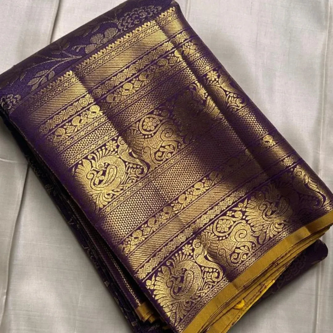 Engaging Purple Pure Zari Weaving Banarasi Silk Saree With Beauteous Blouse Piece