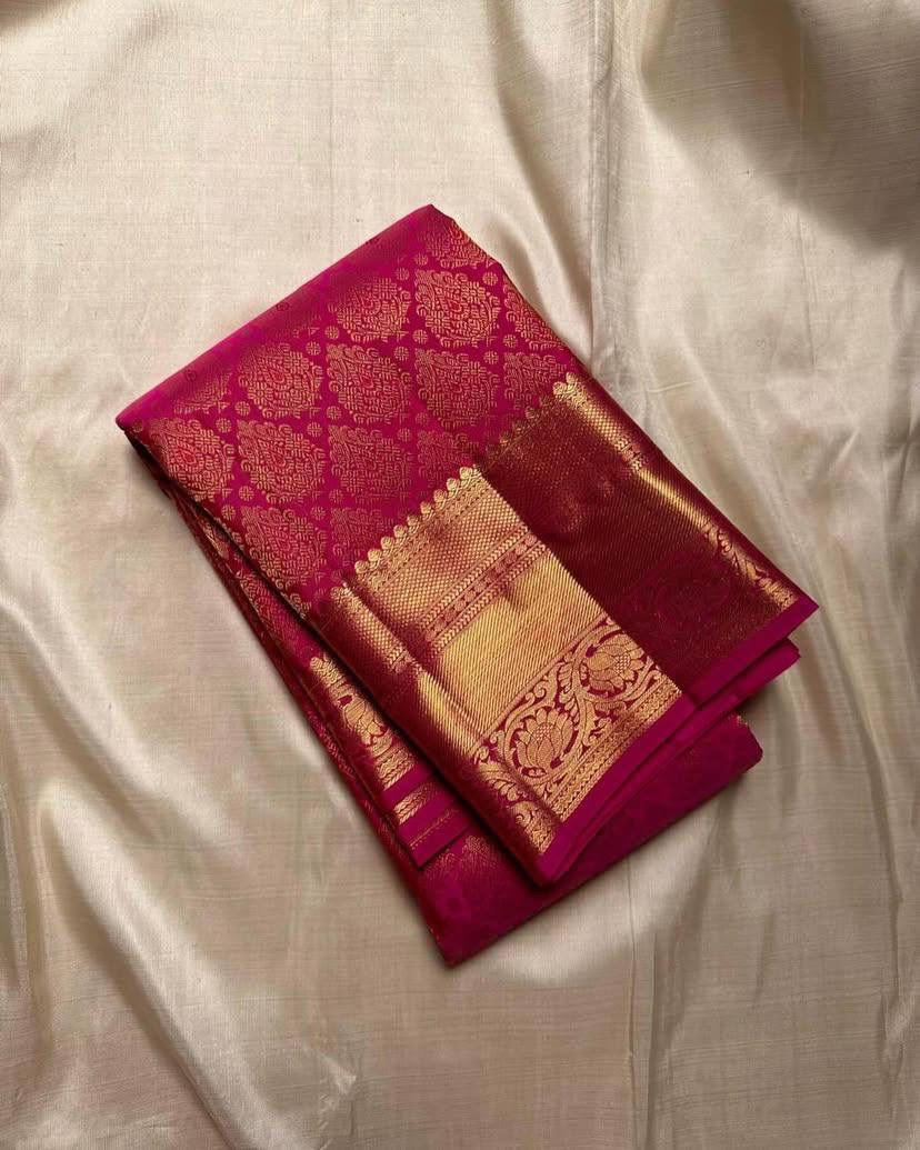 Elision Dark Pink Pure Zari Weaving Banarasi Silk Saree With Lovely Blouse Piece