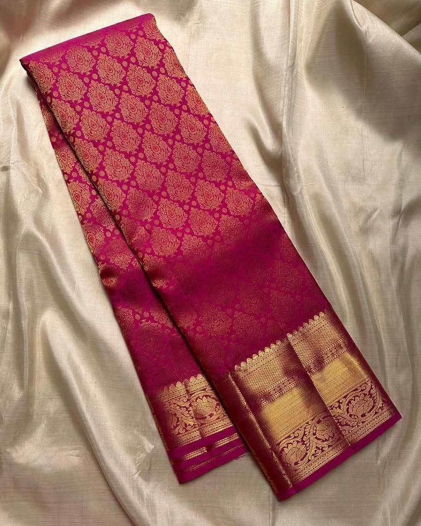Elision Dark Pink Pure Zari Weaving Banarasi Silk Saree With Lovely Blouse Piece