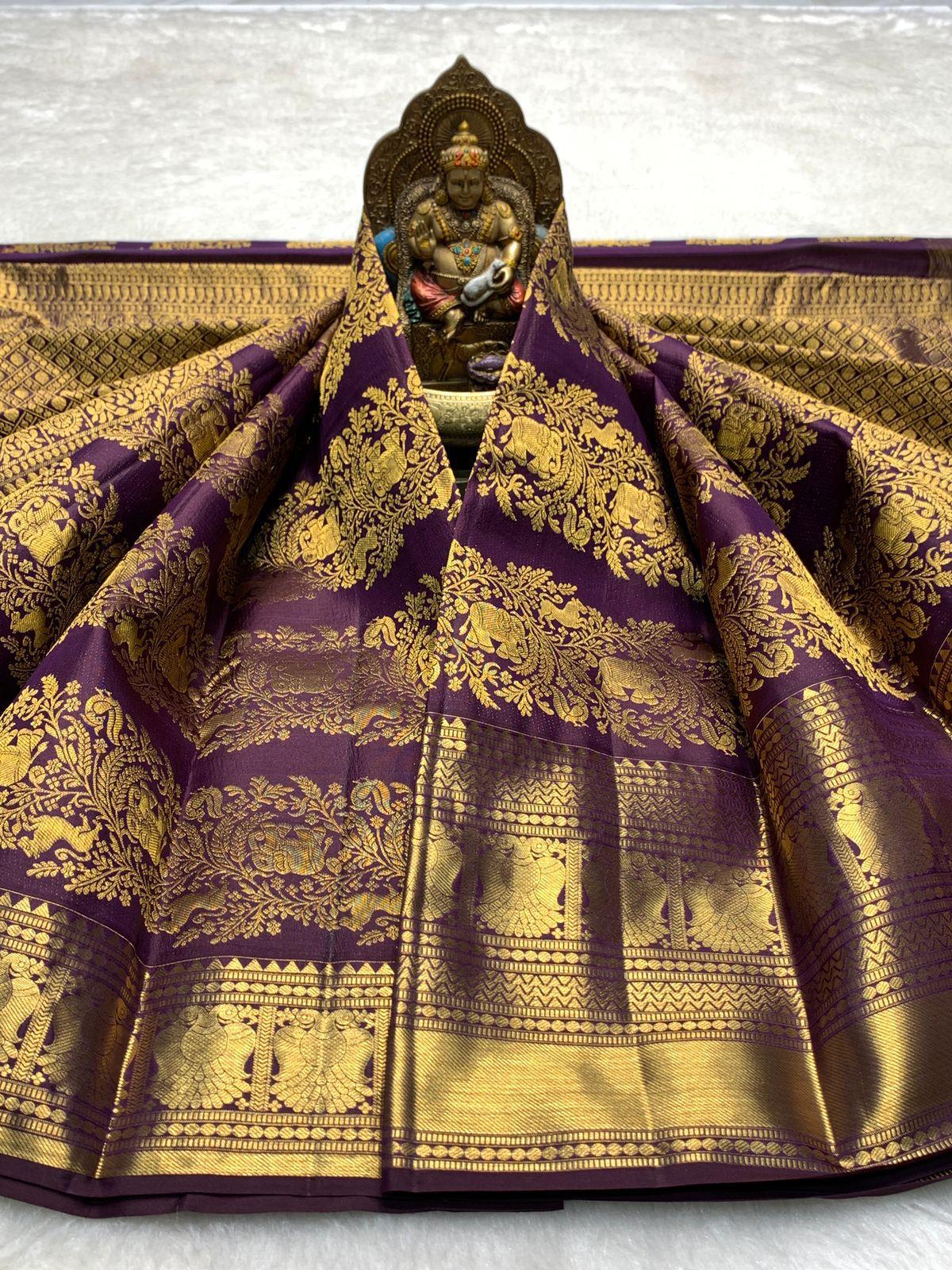 Fragrant Purple Pure Zari Weaving Banarasi Silk Saree With Mesmeric Blouse Piece