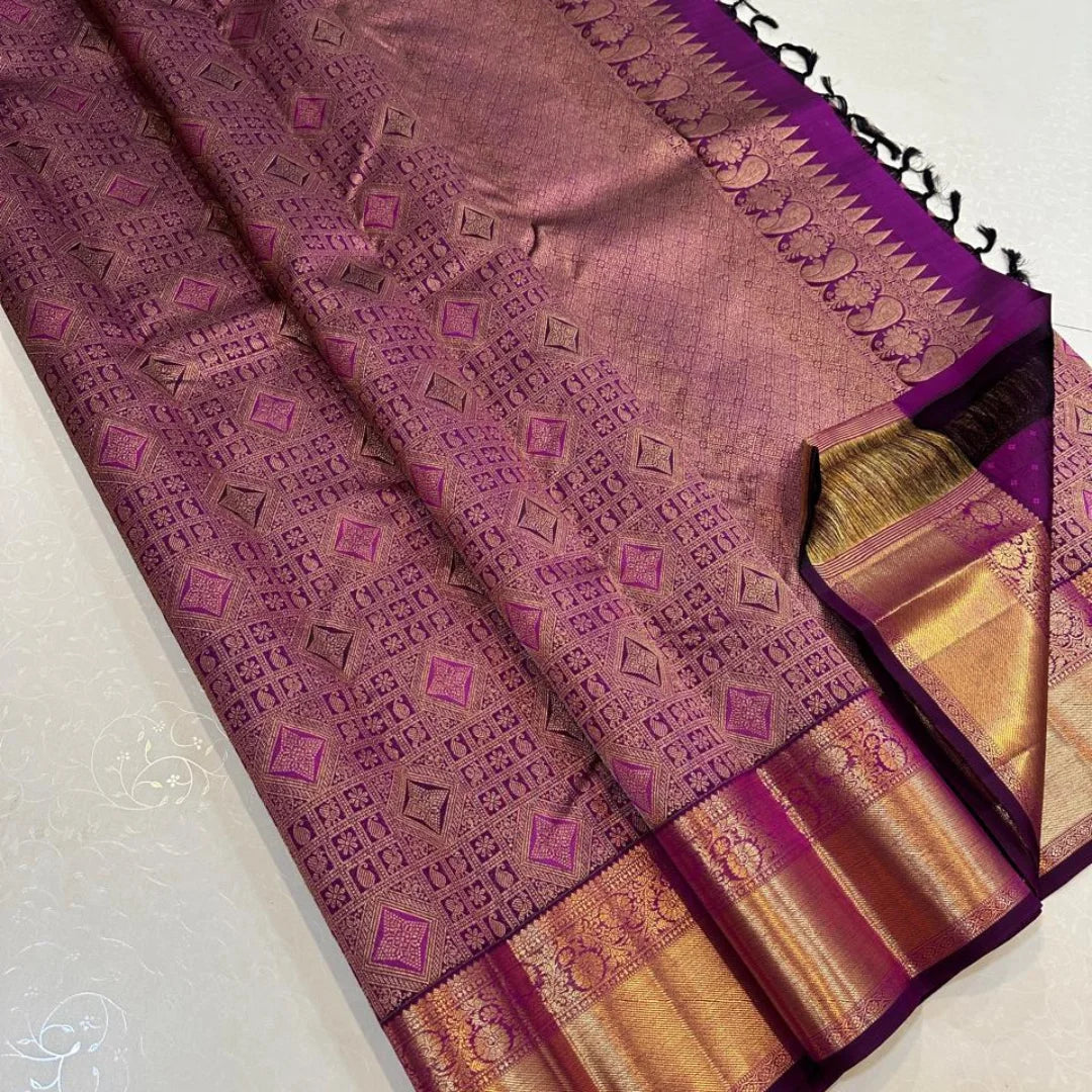 Lassitude Purple Pure Zari Weaving Banarasi Silk Saree With Demure Blouse Piece