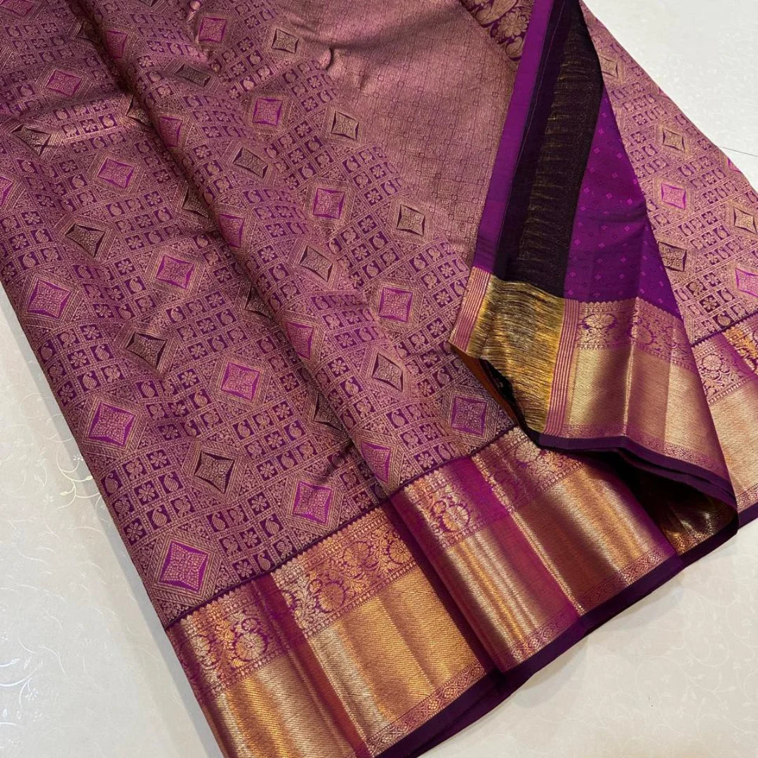 Lassitude Purple Pure Zari Weaving Banarasi Silk Saree With Demure Blouse Piece