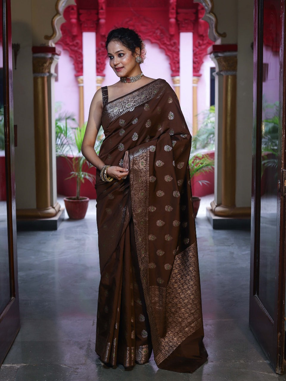 Unique Brown Pure Zari Weaving Banarasi Silk Saree With Jazzy Blouse Piece