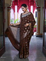 Unique Brown Pure Zari Weaving Banarasi Silk Saree With Jazzy Blouse Piece