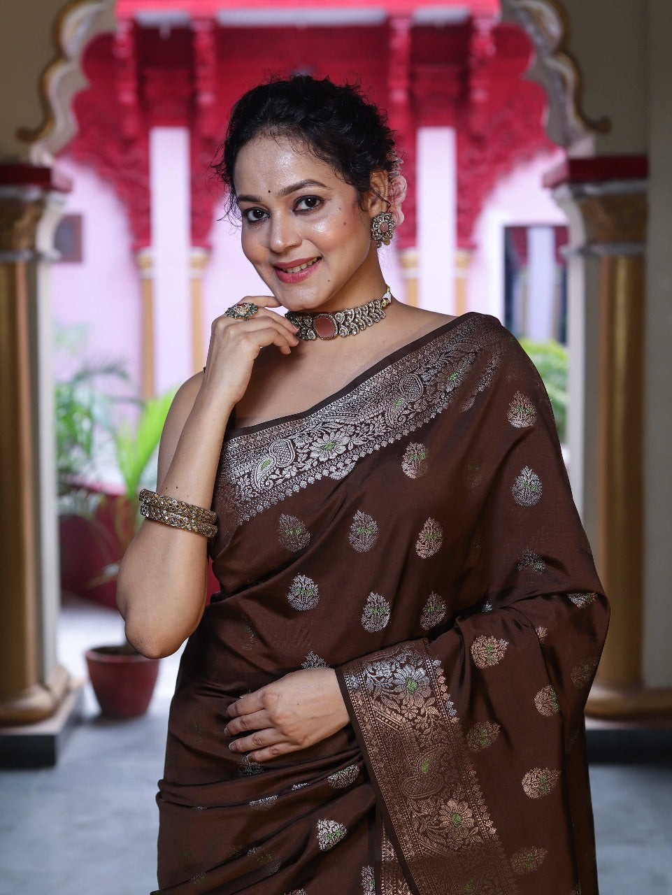 Unique Brown Pure Zari Weaving Banarasi Silk Saree With Jazzy Blouse Piece