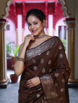 Unique Brown Pure Zari Weaving Banarasi Silk Saree With Jazzy Blouse Piece