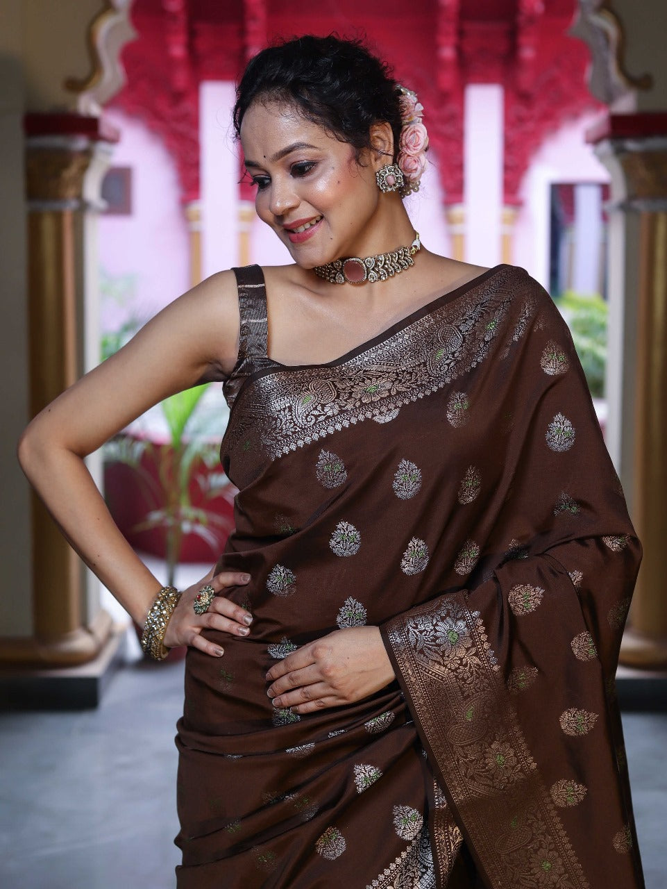 Unique Brown Pure Zari Weaving Banarasi Silk Saree With Jazzy Blouse Piece