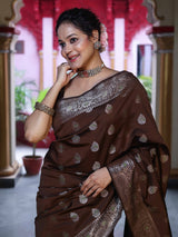 Unique Brown Pure Zari Weaving Banarasi Silk Saree With Jazzy Blouse Piece