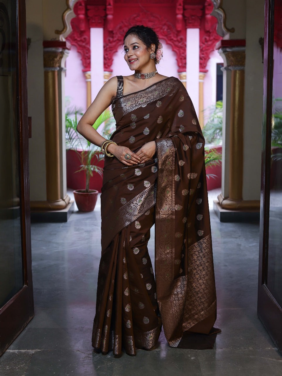 Unique Brown Pure Zari Weaving Banarasi Silk Saree With Jazzy Blouse Piece