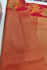 Surpassing Red Pure Zari Weaving Banarasi Silk Saree With Efflorescence Blouse Piece