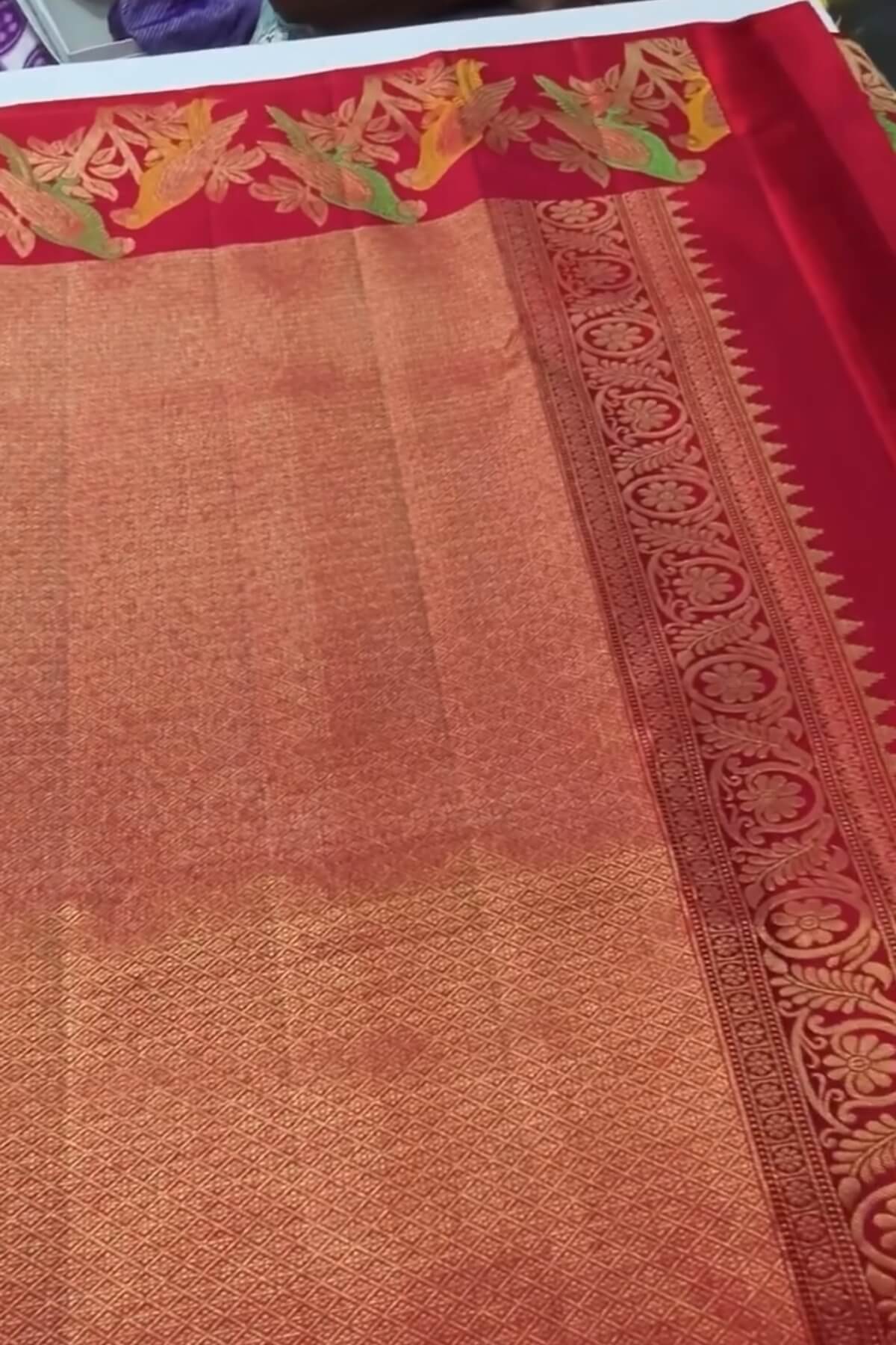 Surpassing Red Pure Zari Weaving Banarasi Silk Saree With Efflorescence Blouse Piece