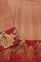 Surpassing Red Pure Zari Weaving Banarasi Silk Saree With Efflorescence Blouse Piece