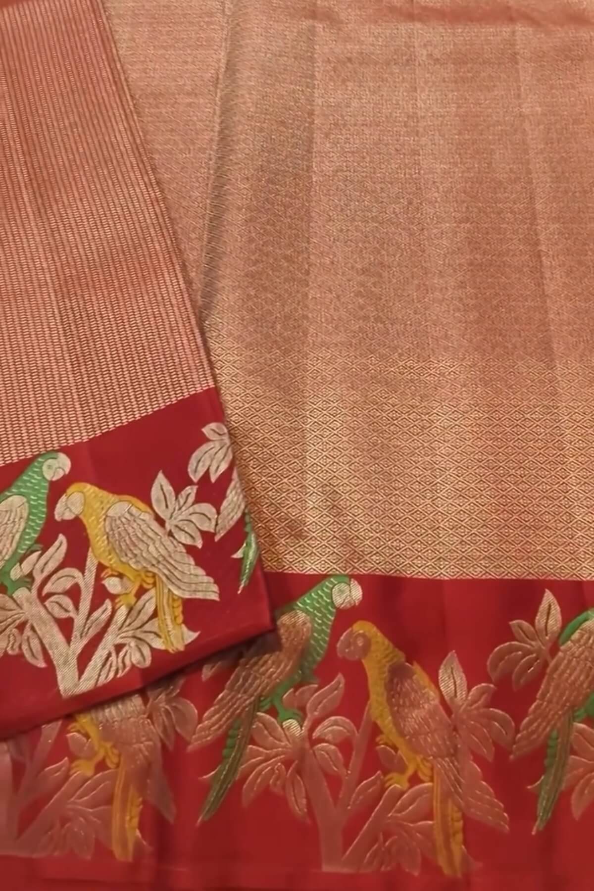 Surpassing Red Pure Zari Weaving Banarasi Silk Saree With Efflorescence Blouse Piece