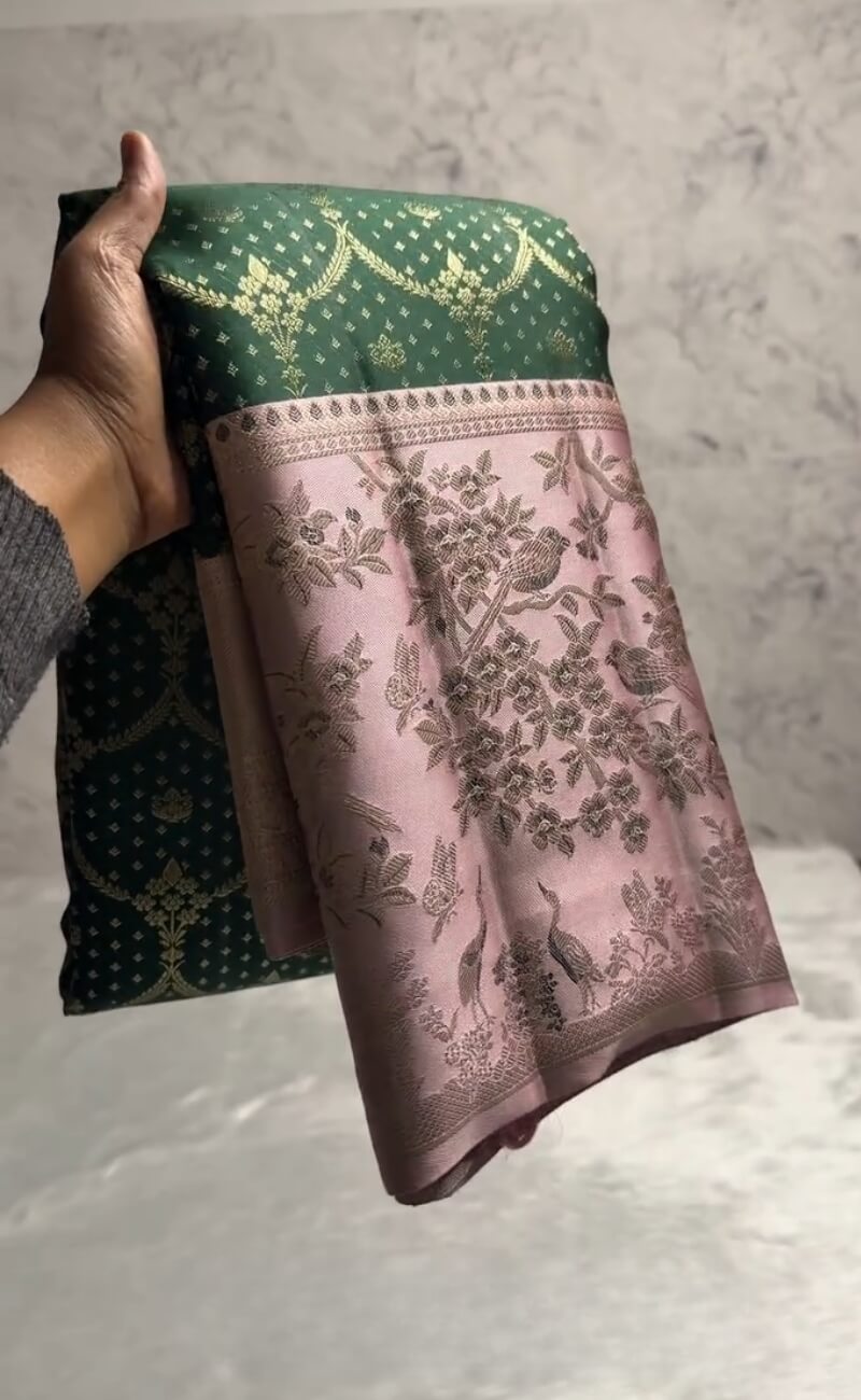 Magnificat Dark Green Pure Zari Weaving Banarasi Silk Saree With Rhapsody Blouse Piece