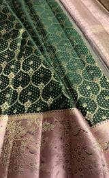 Magnificat Dark Green Pure Zari Weaving Banarasi Silk Saree With Rhapsody Blouse Piece