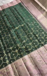 Magnificat Dark Green Pure Zari Weaving Banarasi Silk Saree With Rhapsody Blouse Piece