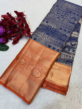 Entrancing Navy Blue Pure Zari Weaving Banarasi Silk Saree With Invaluable Blouse Piece