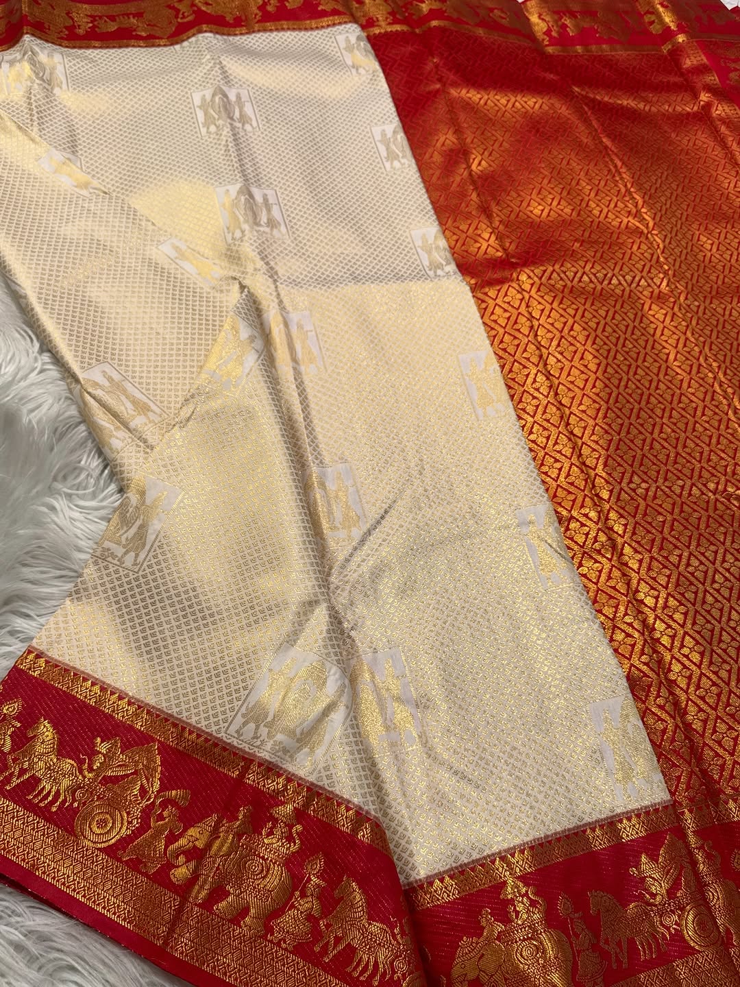 Resplendent Beige Pure Zari Weaving Banarasi Silk Saree With Splendiferous Blouse Piece