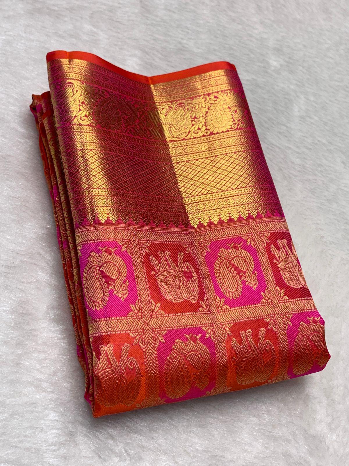 Susurrous Dark Pink Pure Zari Weaving Banarasi Silk Saree With Enticing Blouse Piece